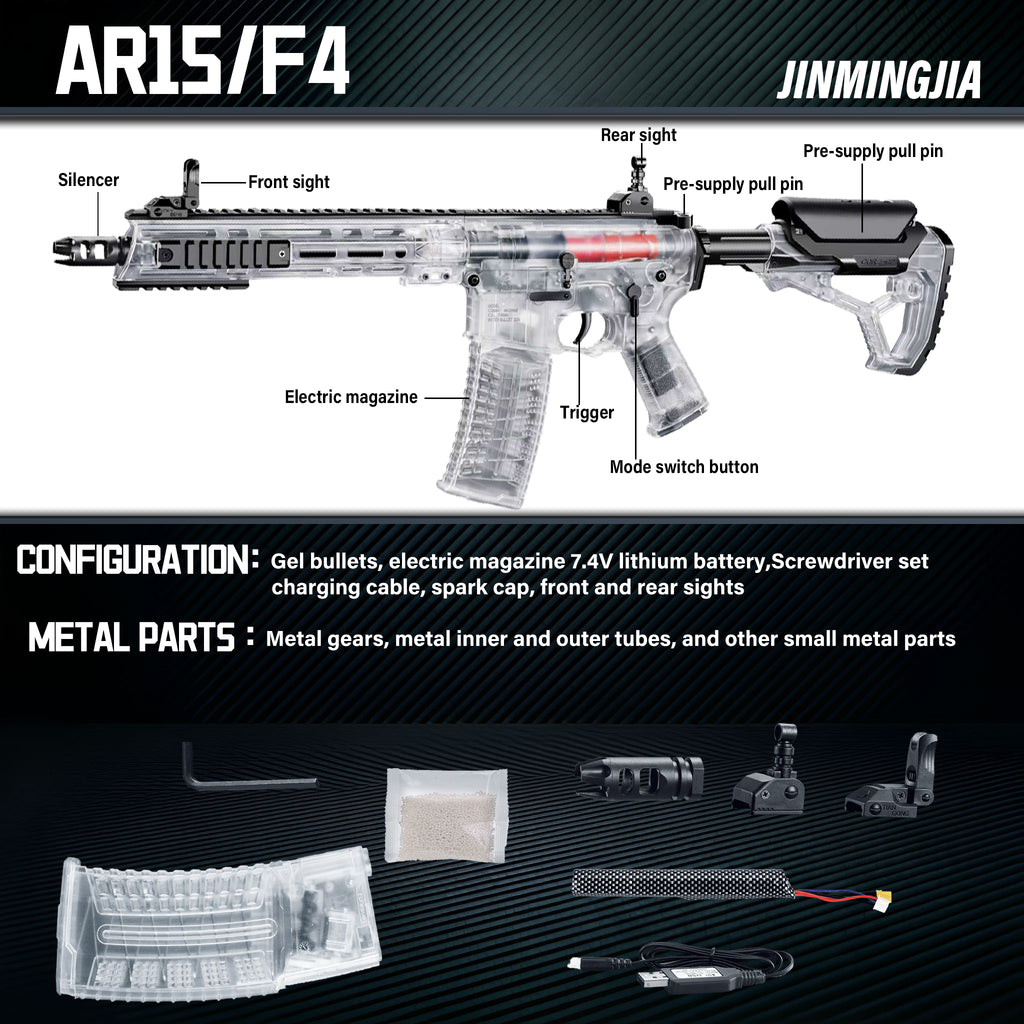 Transparent Long M-LOK AR Gel Blaster Toy Gun Full Metal Gearbox Electric Automatic Splatter Ball Blaster Visible Internal Structure Tactical Shooting Toy For Adult Outdoor Wargame - STJMJ Gel Blaster