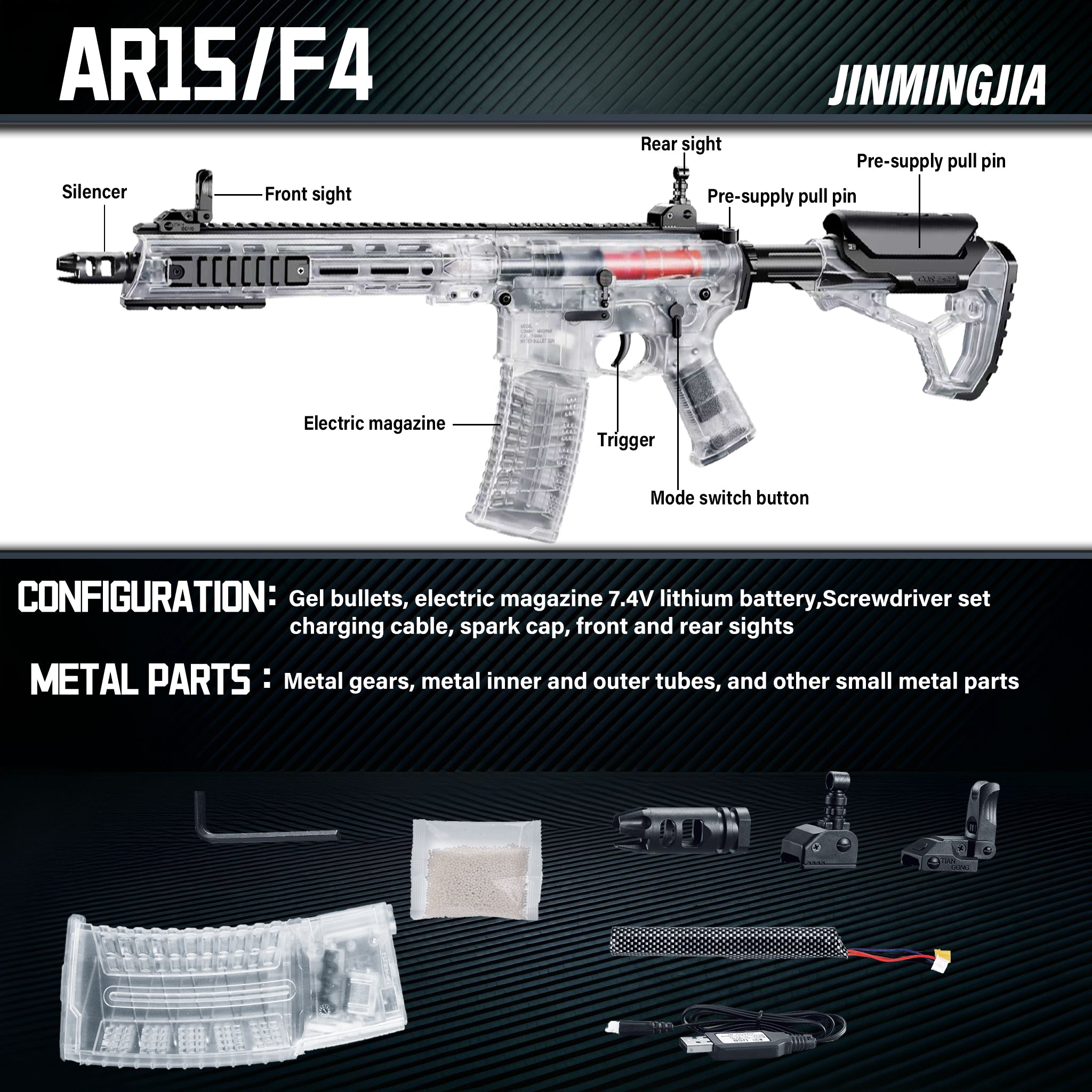 Transparent Long M-LOK AR Gel Blaster Toy Gun Full Metal Gearbox Electric Automatic Splatter Ball Blaster Visible Internal Structure Tactical Shooting Toy For Adult Outdoor Wargame - STJMJ Gel Blaster