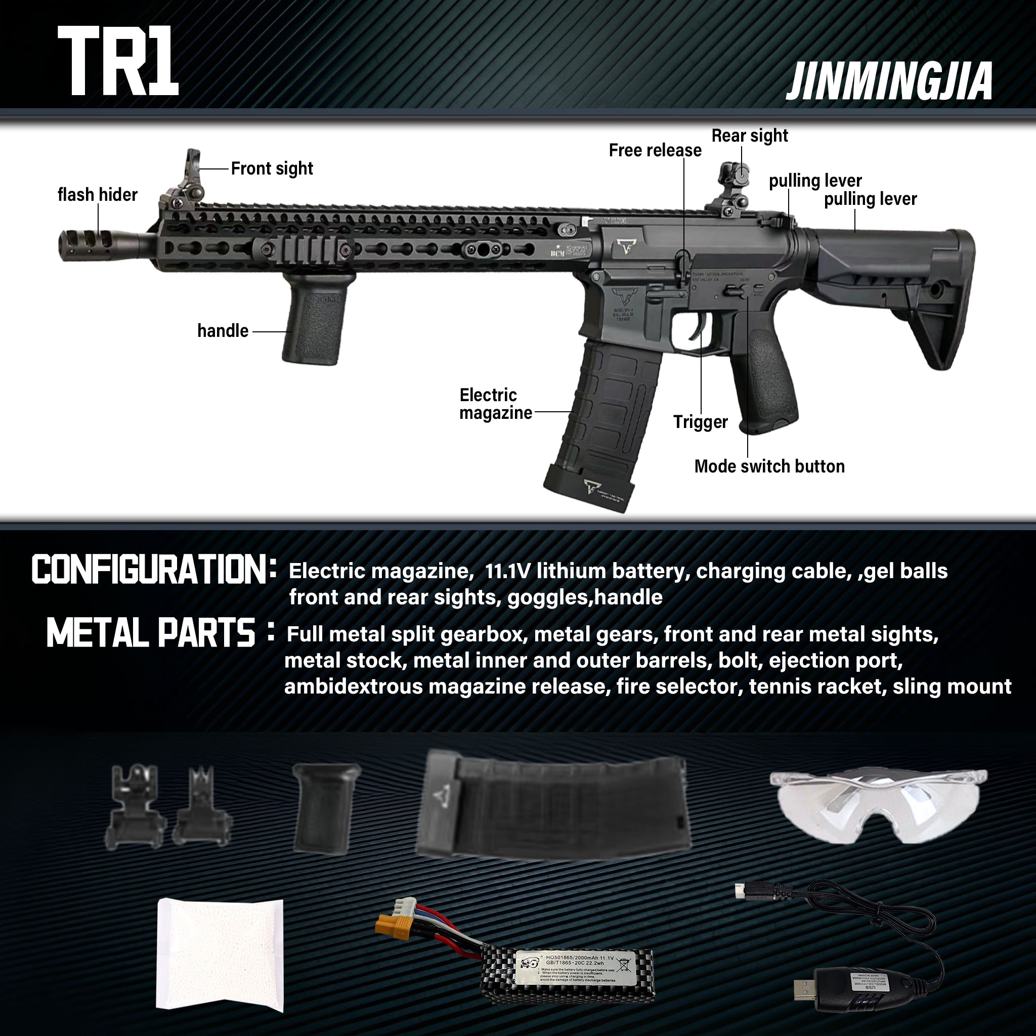 TR1 gel blaster guns Built-in 11.1V lithium battery full metal split gearbox - STJMJ Gel Blaster
