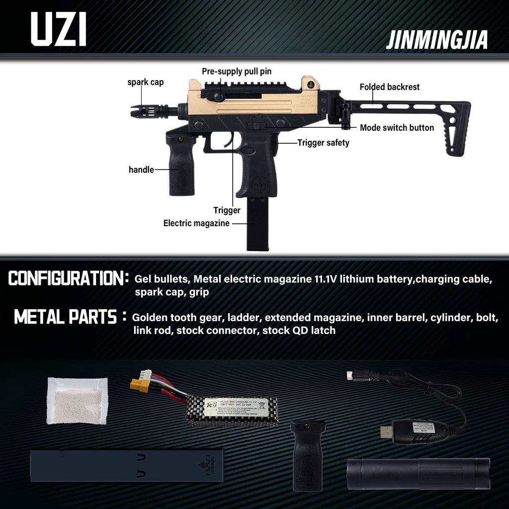 uzi gel blaster, gel ball blaster, splatter ball gun, vintage tactical toy gun, full metal gearbox gel toy, indoor wargame blaster, compact mini gel blaster - STJMJ Gel Blaster