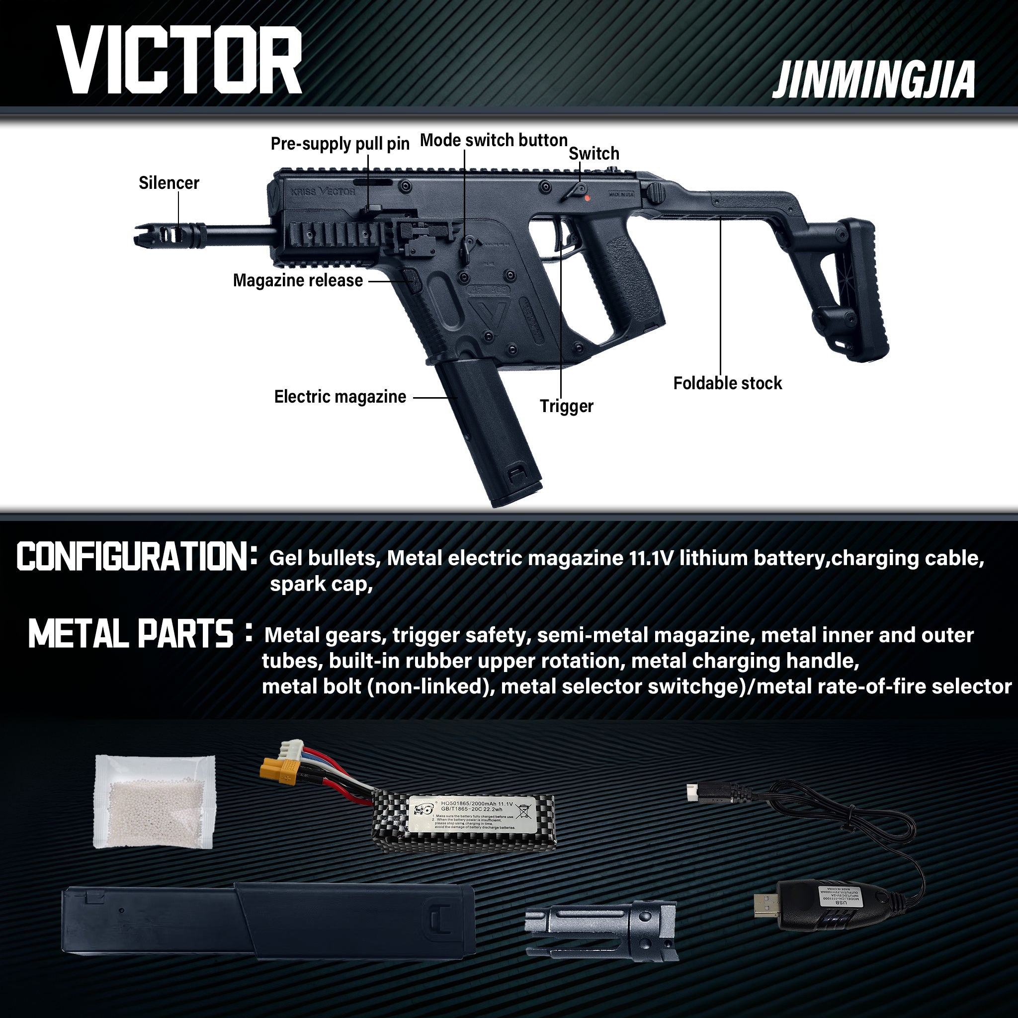 KRISS Vector Gel Blaster Toy Gun Full Metal Gearbox Electric Automatic Splatter Ball Blaster Tactical Submachine Toy For Adult Indoor Wargame Shooting Game - STJMJ Gel Blaster