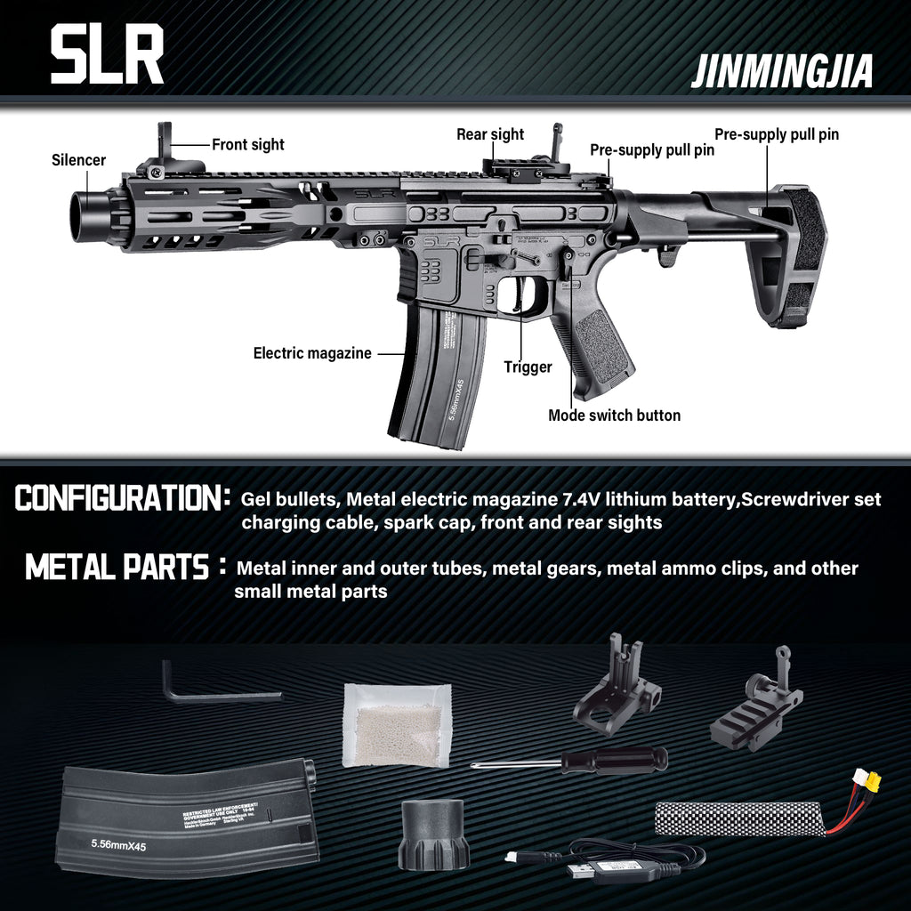JINGMINGJIA SLR Long M-LOK Gel Blaster Toy Gun Full Metal Gearbox Electric Automatic Splatter Ball Blaster Tactical Shooting Toy For Adult Indoor Outdoor Wargame - STJMJ Gel Blaster