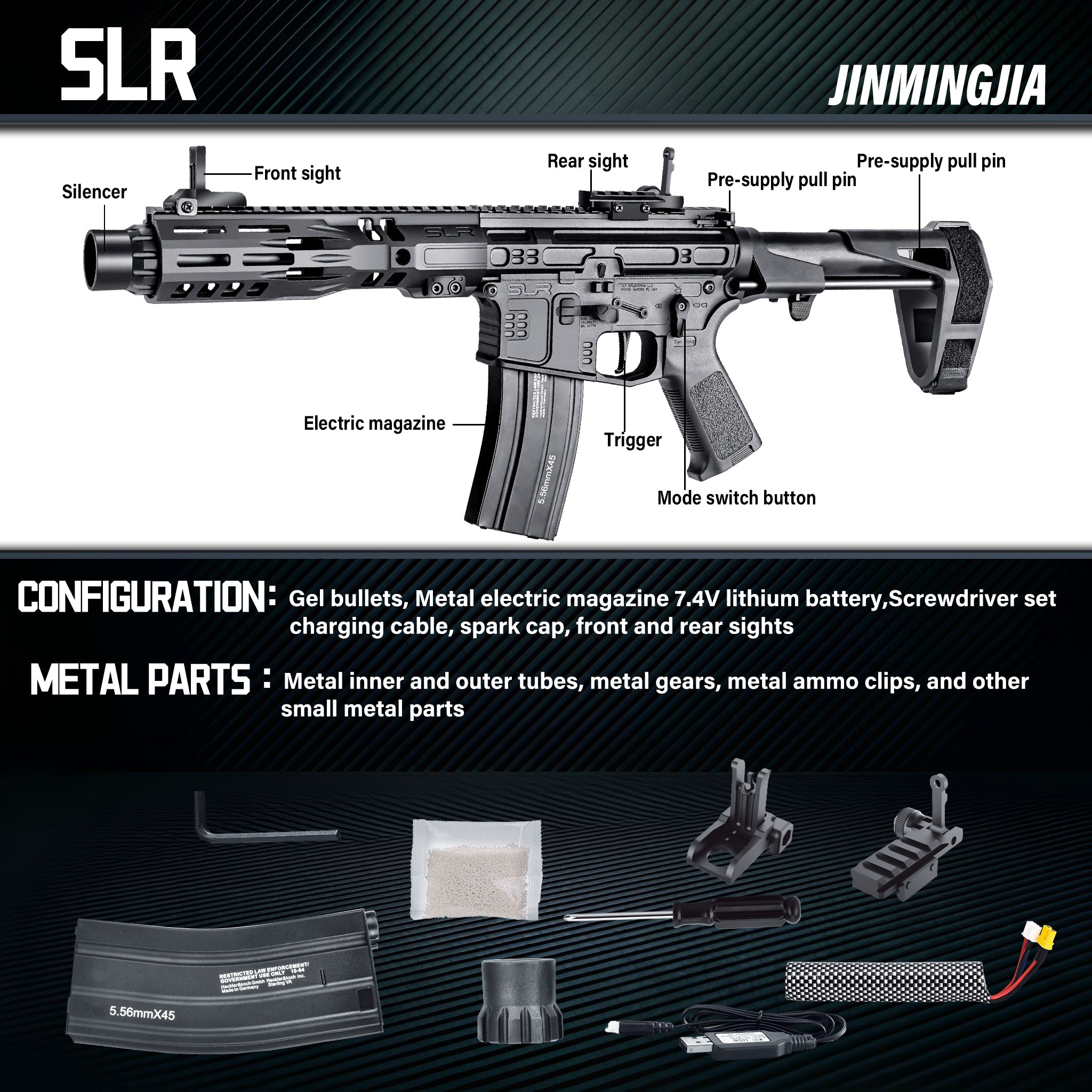 JINGMINGJIA SLR Long M-LOK Gel Blaster Toy Gun Full Metal Gearbox Electric Automatic Splatter Ball Blaster Tactical Shooting Toy For Adult Indoor Outdoor Wargame - STJMJ Gel Blaster
