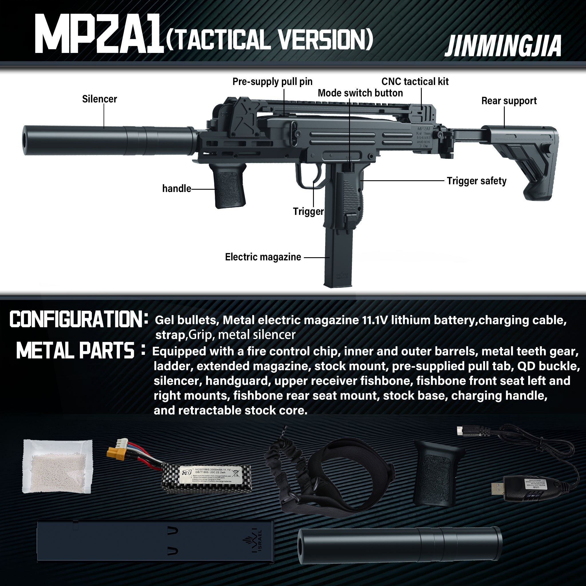 JINMINGJIA Tactical Modified UZI Gel Blaster Toy Gun With Extended Handguard Retractable Stock Silencer Full Metal Gearbox Electric Automatic Splatter Ball Blaster For Adult Indoor Wargame - STJMJ Gel Blaster